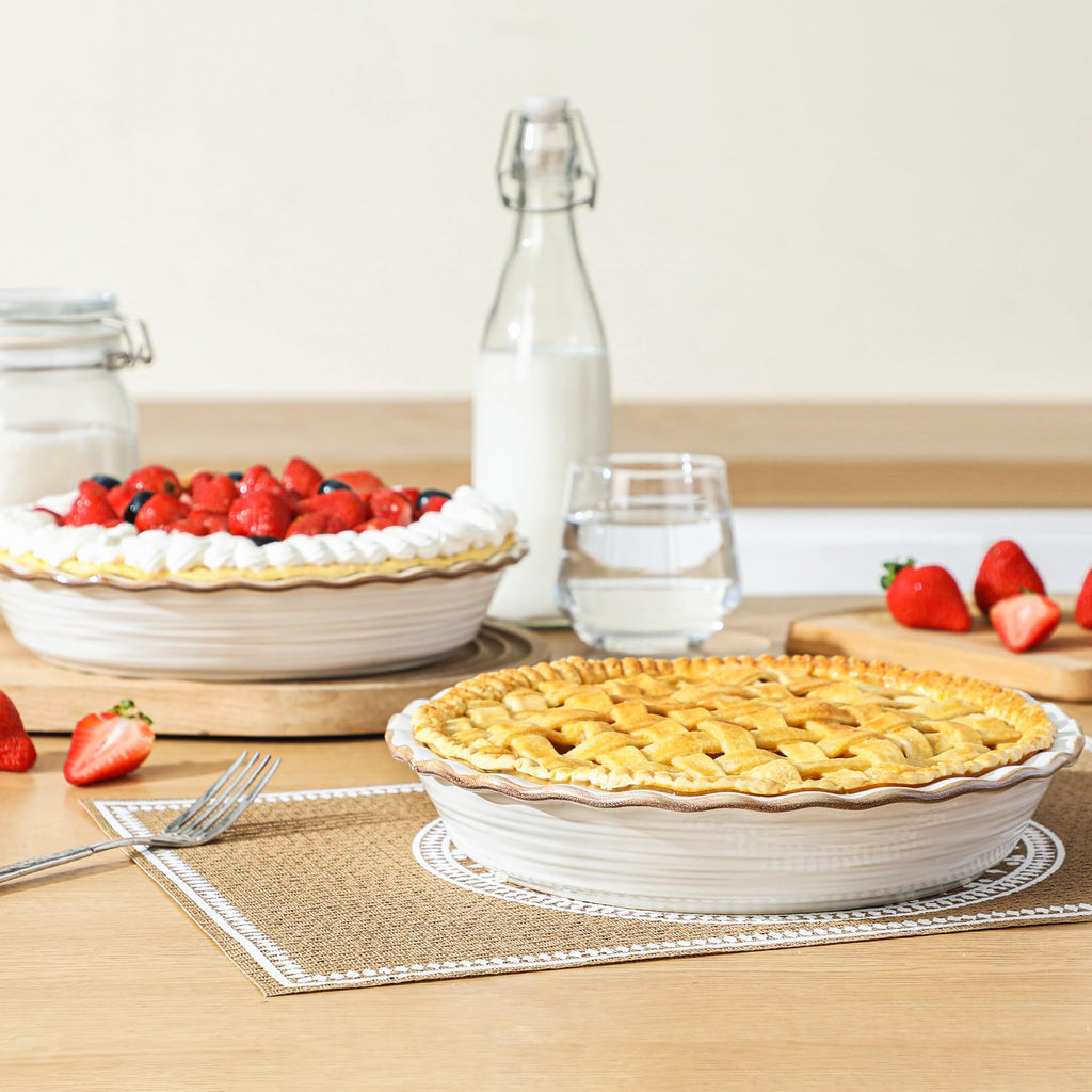 Frewinky 9 Inch Ceramic Pie Pans, Deep Fluted Pie Dishes, White, Set of 2