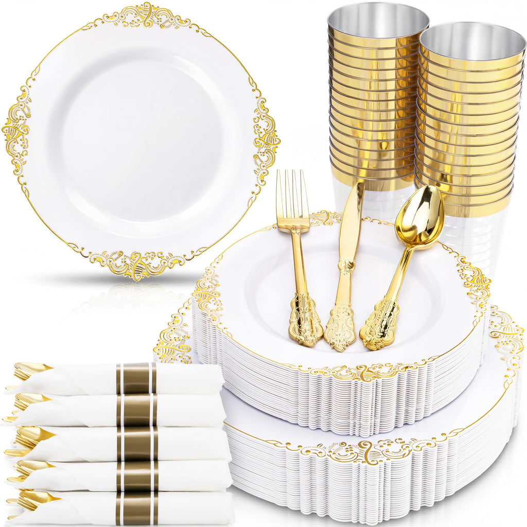 Nervure 350Pcs Purple Plastic Plates, Plastic Dinnerware Set for 50 Guests