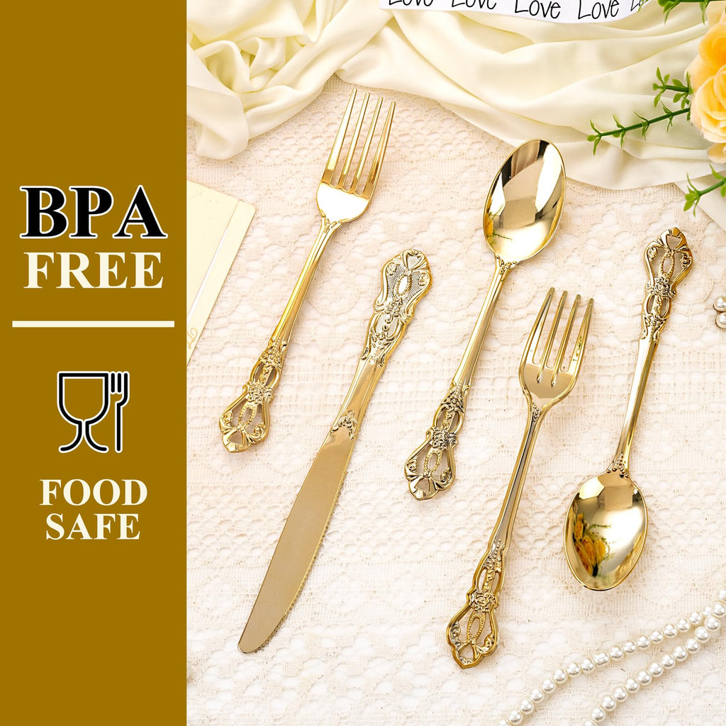 Joyido 40PCS Gold Plastic Silverware - Heavy Duty Elegant Disposable Utensils - Gold Plastic Cutlery Set Includes 20 Forks, 10 Spoons, 10 Knives for Dinner, Parties, Weddings