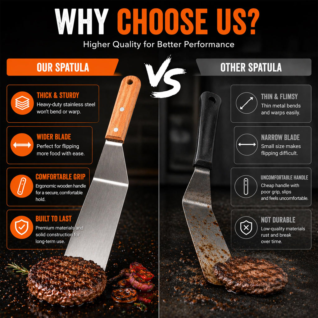 Medium Grill Spatula – Metal Spatula with Wooden Handle & Beveled Edges, Heavy Duty Flat Top Turner for Skillets, Griddles & Grills, Smash Burger Flipper, Stainless Steel Cooking Tool (Style 05)