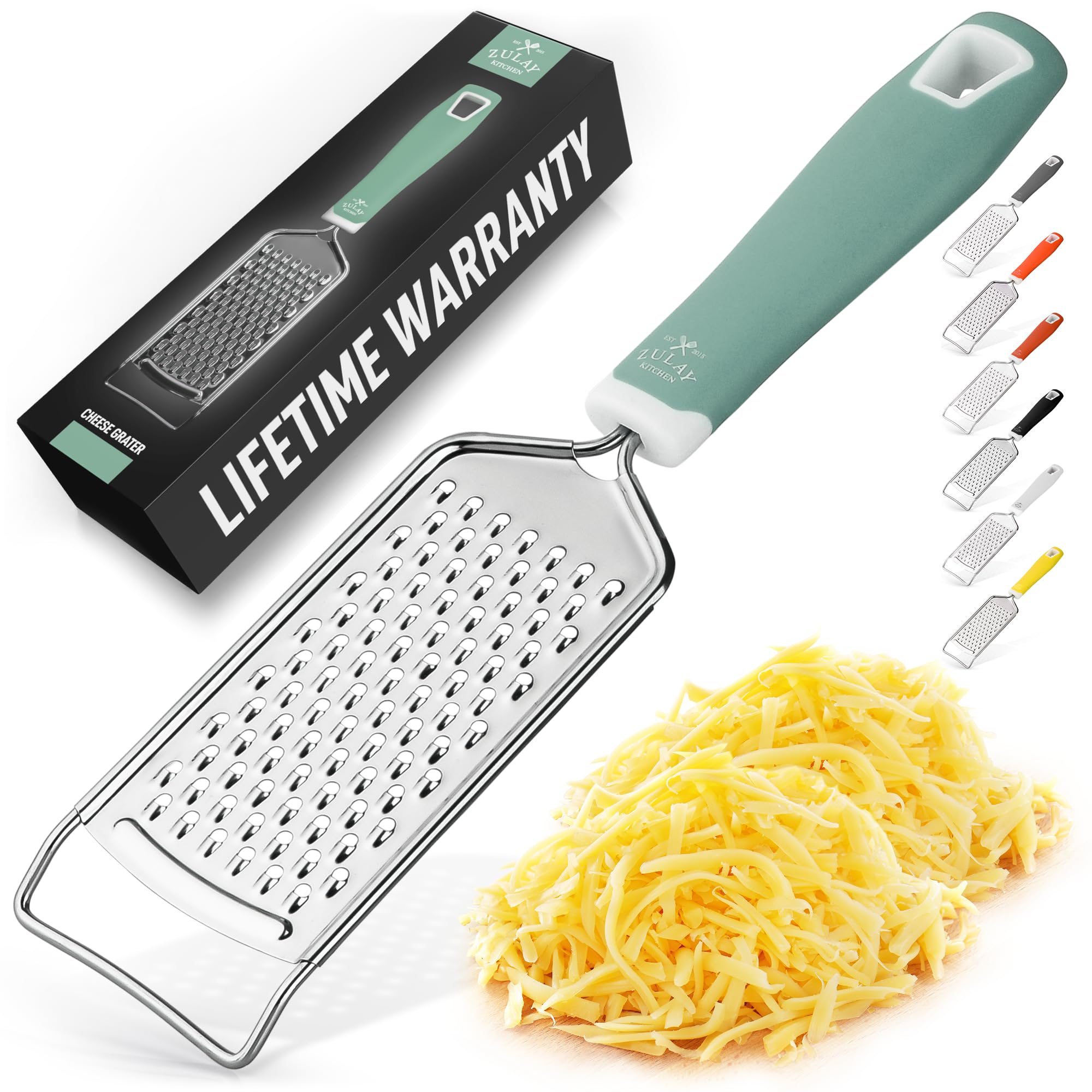 Zulay Kitchen Professional Cheese Grater Stainless Steel - Durable Rust-Proof Metal Lemon Zester Grater With Handle - Flat Handheld Grater For Cheese, Chocolate, Spices, And More - Mint