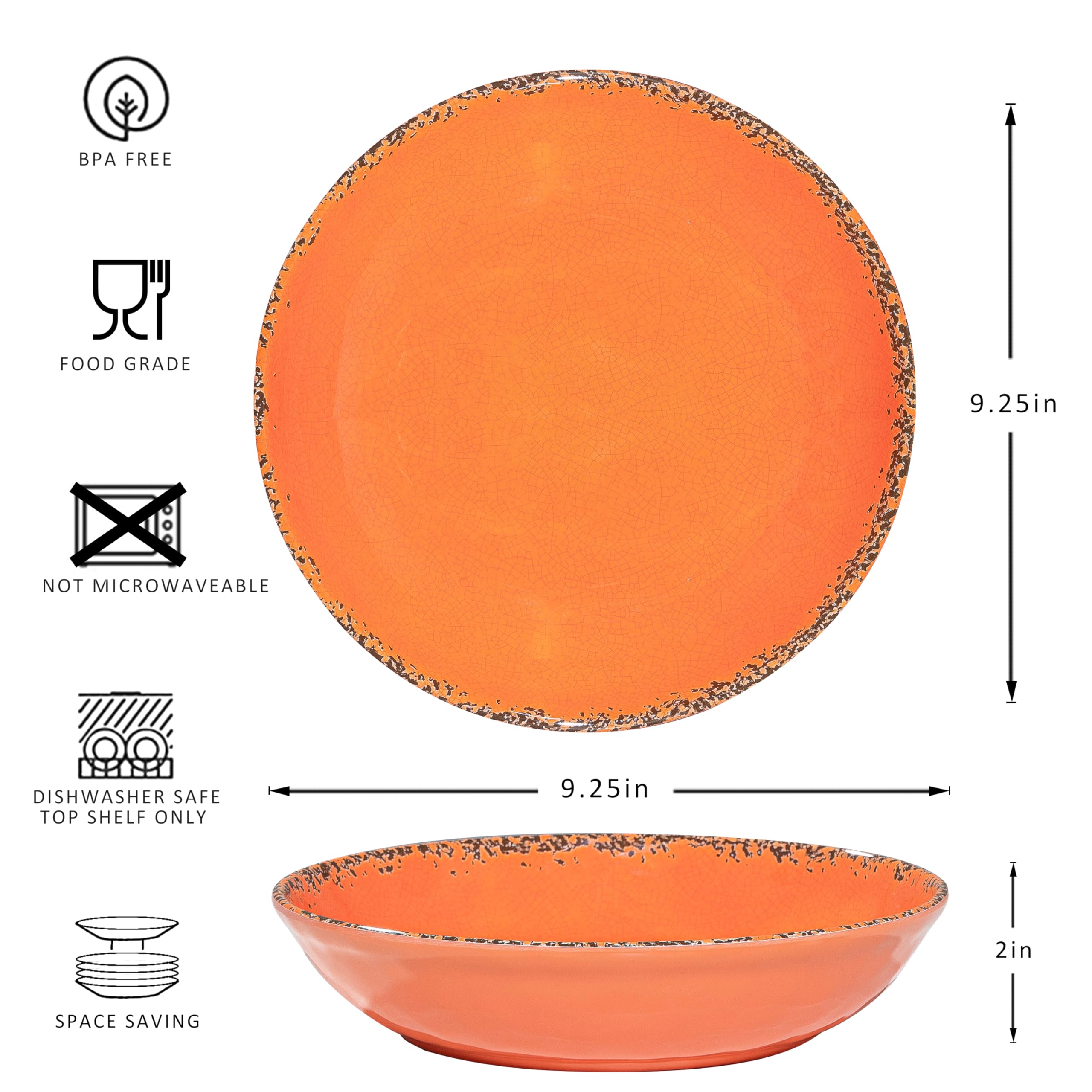 ZAROCRUS Farmhouse Melamine Pasta Bowls set, 42 OZ Large Fruit Bowl, Lightweight and Unbreakable Salad Serving Bowl, Set of 6, 9.25 inch Wide and Shallow Dinner Bowls, Dishwasher Safe,Orange…