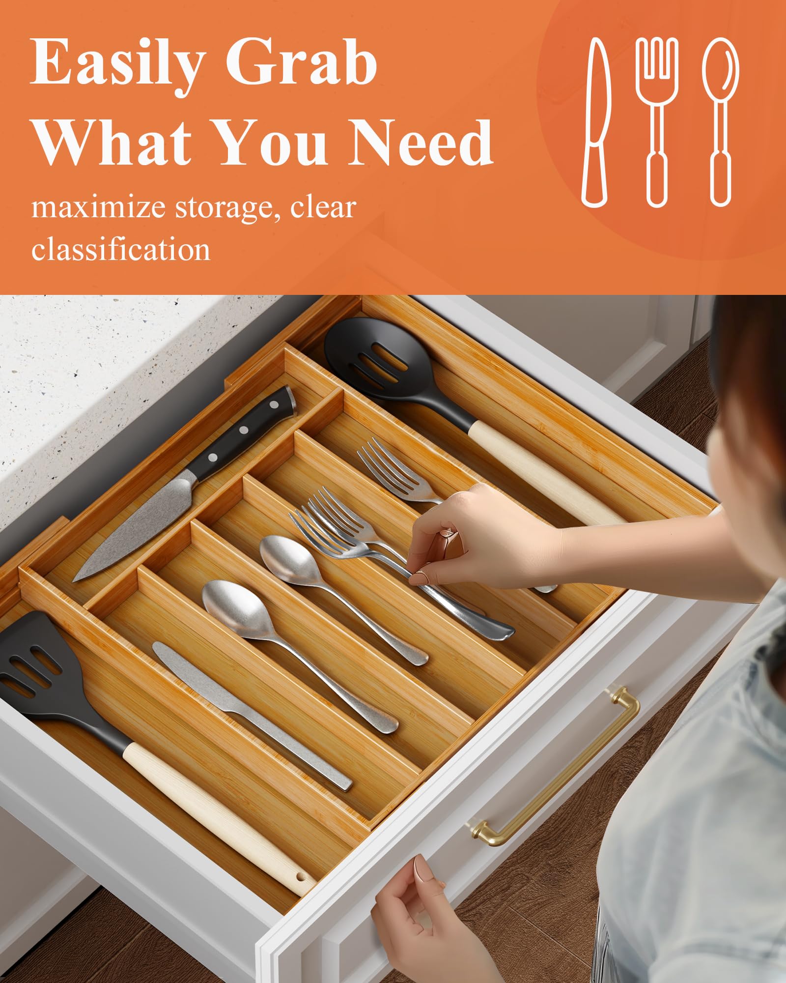 Kitsure Large Bamboo Silverware Organizer - Expandable Drawer Organizer for Utensil, Cutlery and Flatware, Kitchen Storage Solution with 6 to 8 Slots, Natural, 19.4" × 13.1" × 1.8"