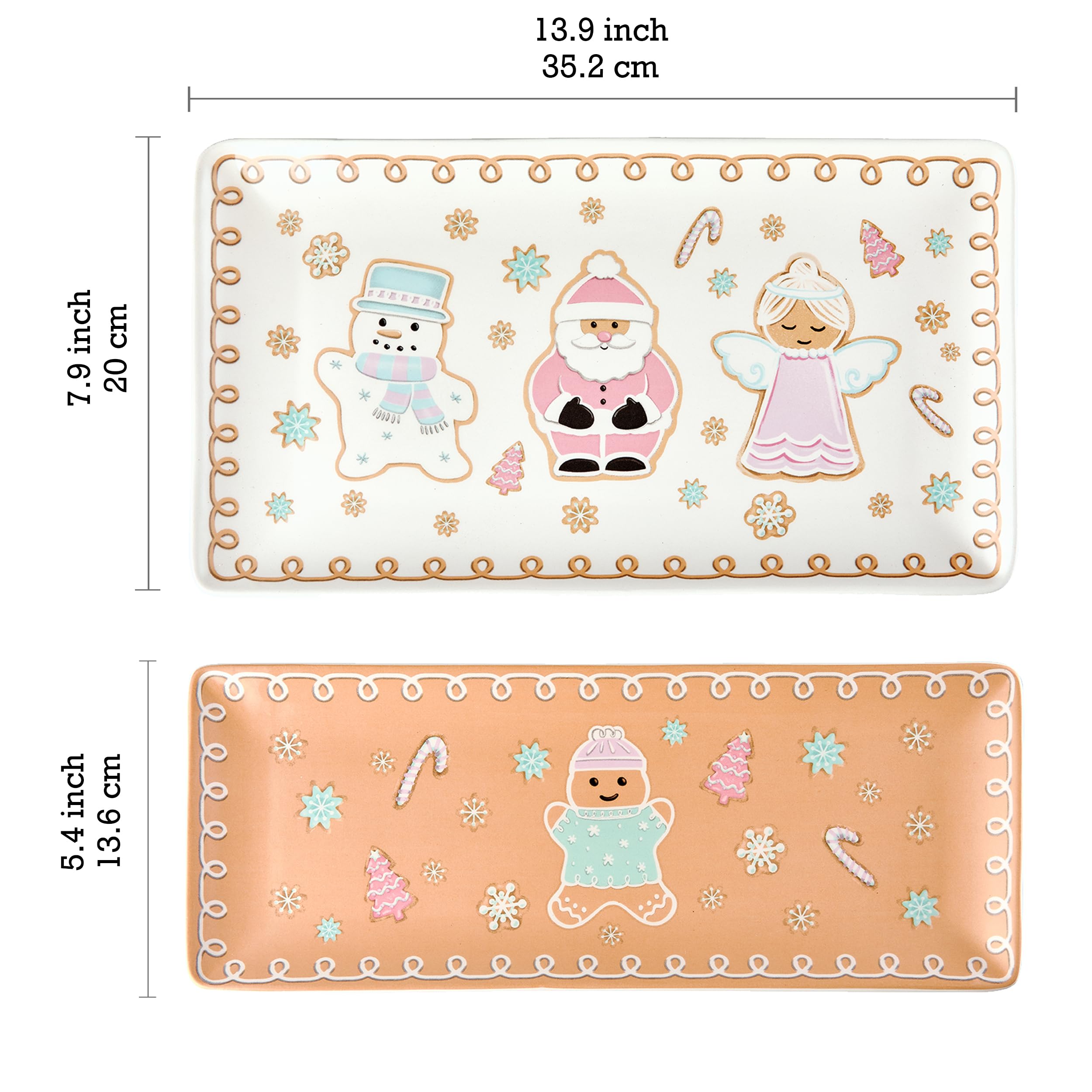 Bico Pastel Gingerbread Man Gnomes Ceramic Rectangular Serving Platters Set of 2, 14 Inch, Microwave & Dishwasher Safe, Large and Medium Platters for Appetizers, Cheese, Salad, Pasta
