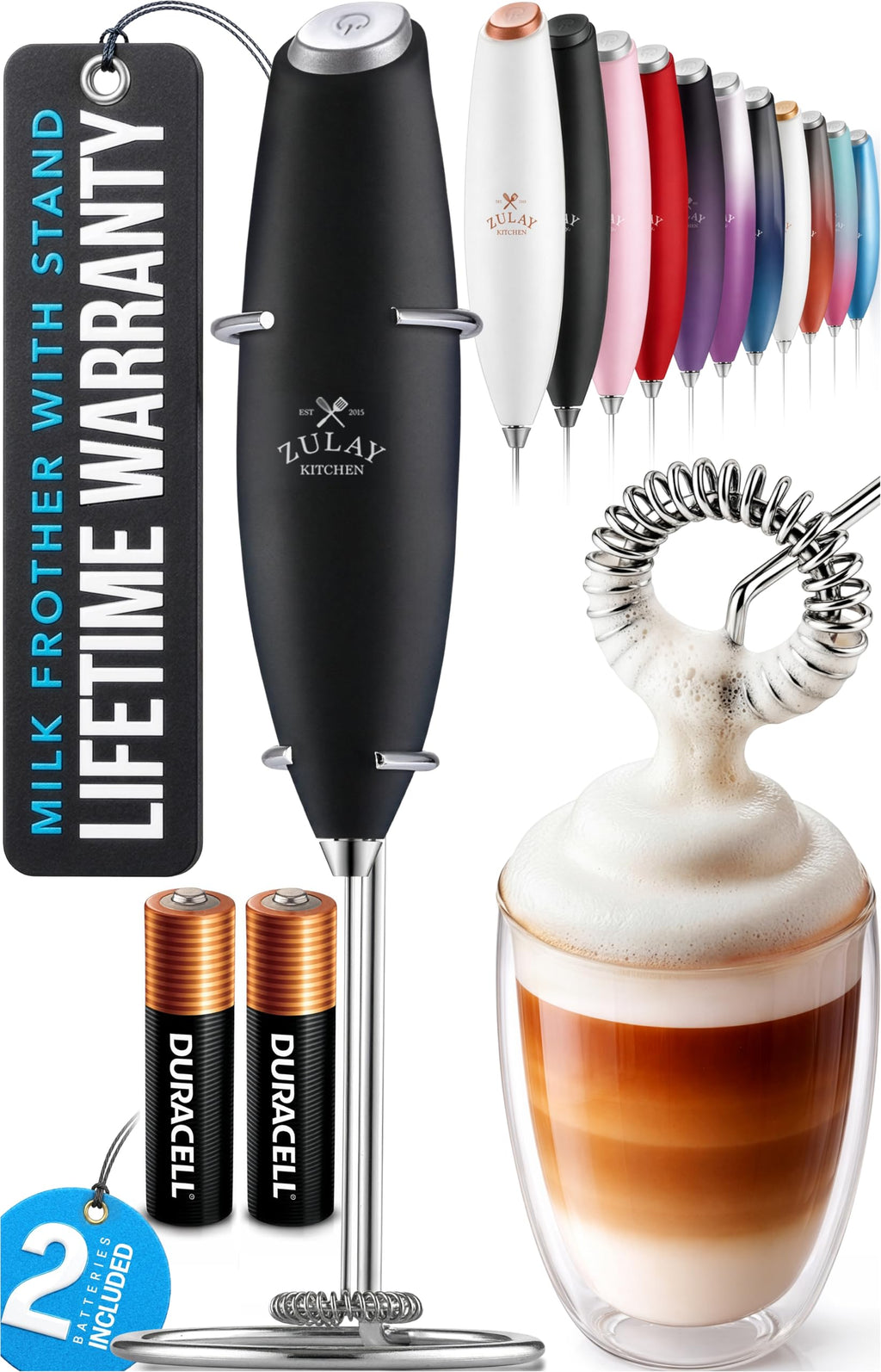Zulay Kitchen Powerful Milk Frother Wand With Duracell Batteries - Ultra Fast Handheld Drink Mixer - Electric Whisk Foam Maker for Coffee, Lattes, Cappuccino & Matcha - Z1 Motor - Aqua