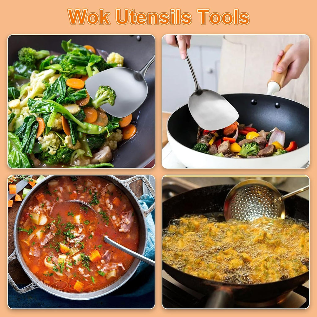 FJNATINH Stainless Steel Kitchen Utensils, Set of 6 Cooking Tools with Wooden Handle, Wok Spatula, Soup Ladle, Skimmer Spoon, Slotted Spatula Turner, Spaghetti Server, Solid Spoon