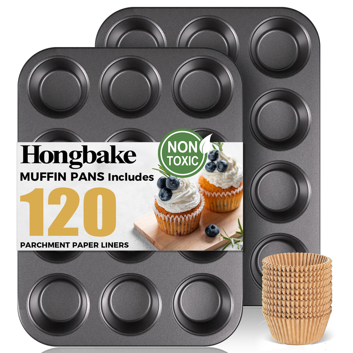 HONGBAKE Muffin Pans for Baking, Nonstick Cupcake Tin with 120 Parchment Liners, 2 Pack 12 Cup Premium Cheesecake Trays - Gray