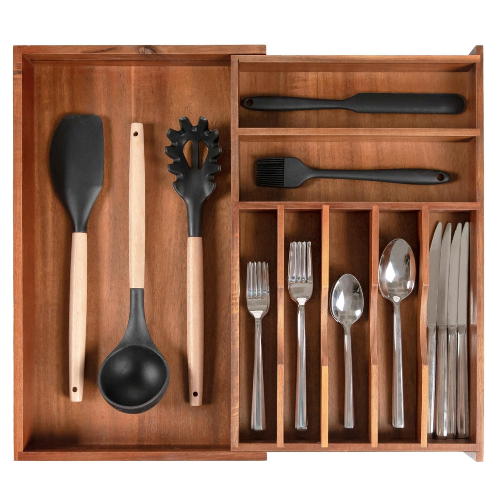 KitchenEdge Silverware & Utensil Drawer Organizer, 14.5-25 in, Acacia