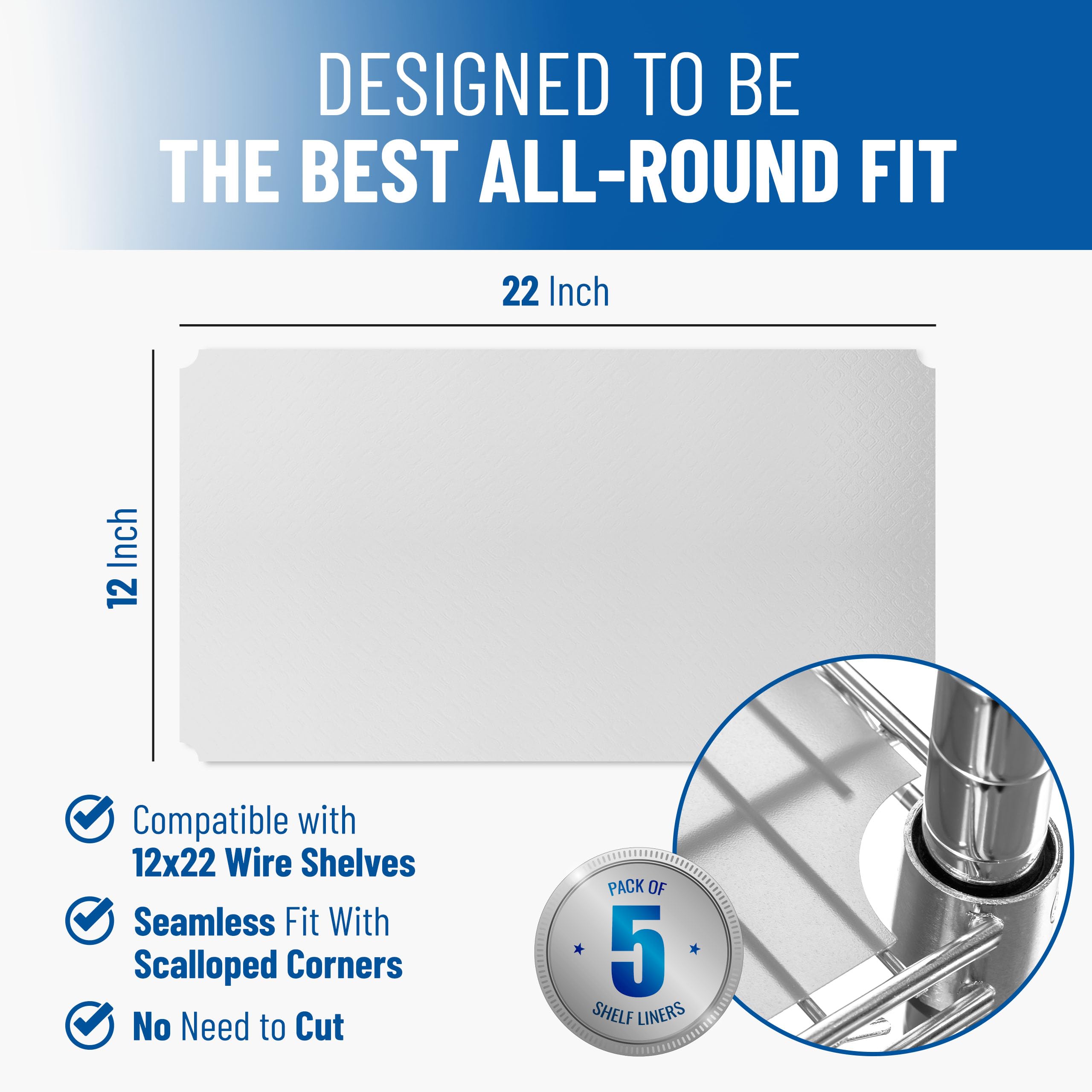 Shelf Liners for Wire Shelf System - Set of 5 in Clear - 12 x 22 inch - Plastic Wire Shelving Shelf Mats