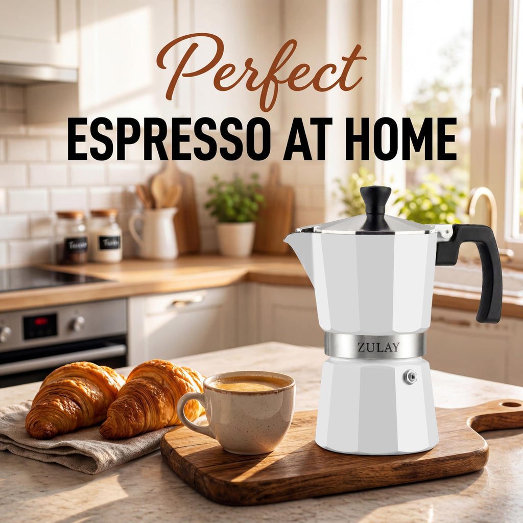 Zulay Moka Pot Espresso Stovetop Coffee Maker - Leak-Proof, Stainless Steel, Easy to Clean, Heat Resistant Handle & Knob - for Authentic Cuban & Italian Style Espresso - Makes 6 Espresso Cups - White
