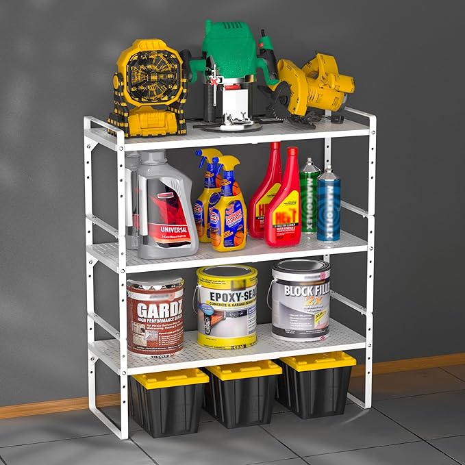 iPEGTOP 3 Pack Large Expandable Cabinet Storage Shelf, Heavy Duty Stackable Steel Metal Spice Rack Adjustable Height Home Office Pantry Garage Shelves for Counter Kitchen Organization, White