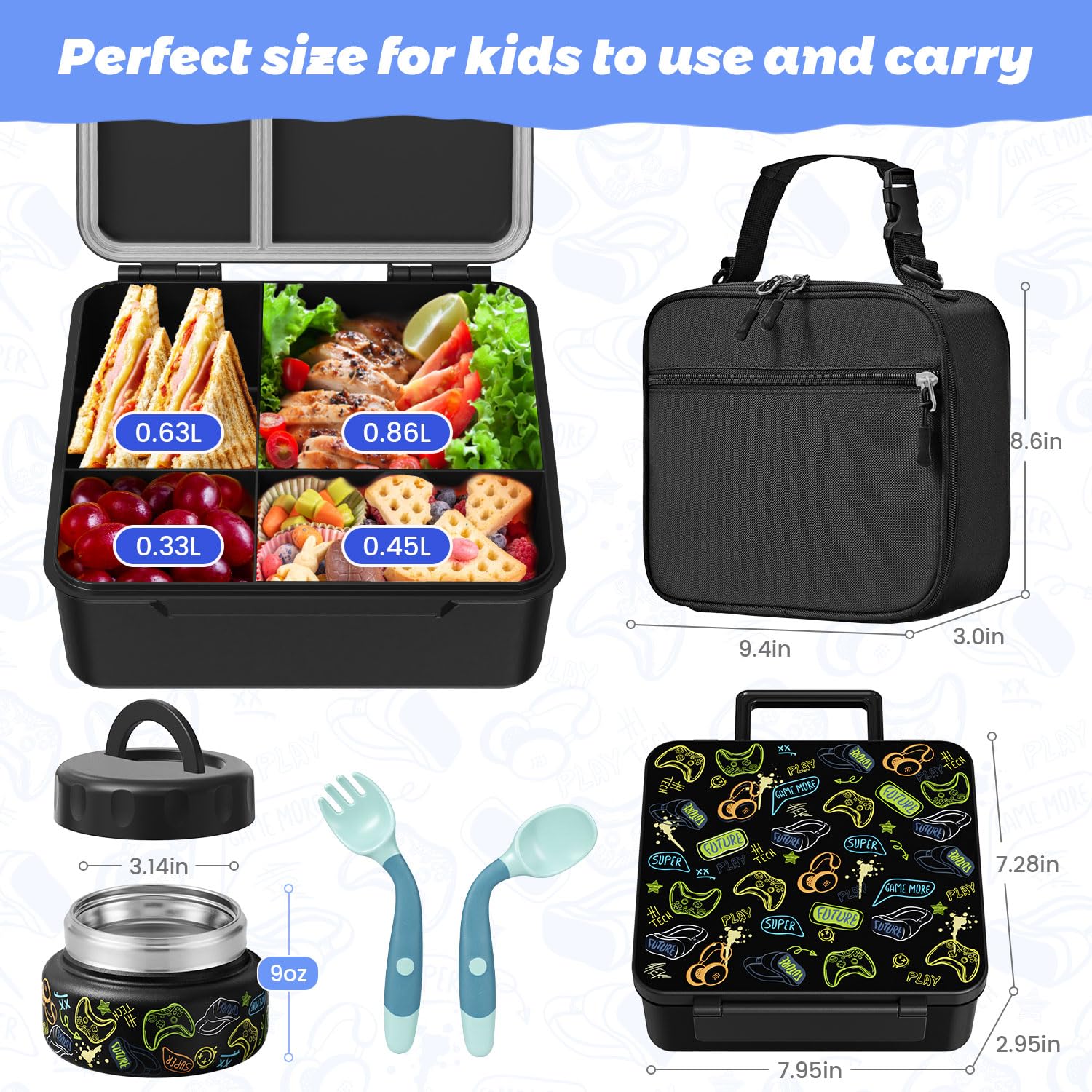Kids Bento Lunch Box with Thermos, Leakproof Toddler Bento Box with 9 OZ Insulated Food Jar, Lunch Bag & Utensils 3 or 4 Compartment Container for School Girls Boys