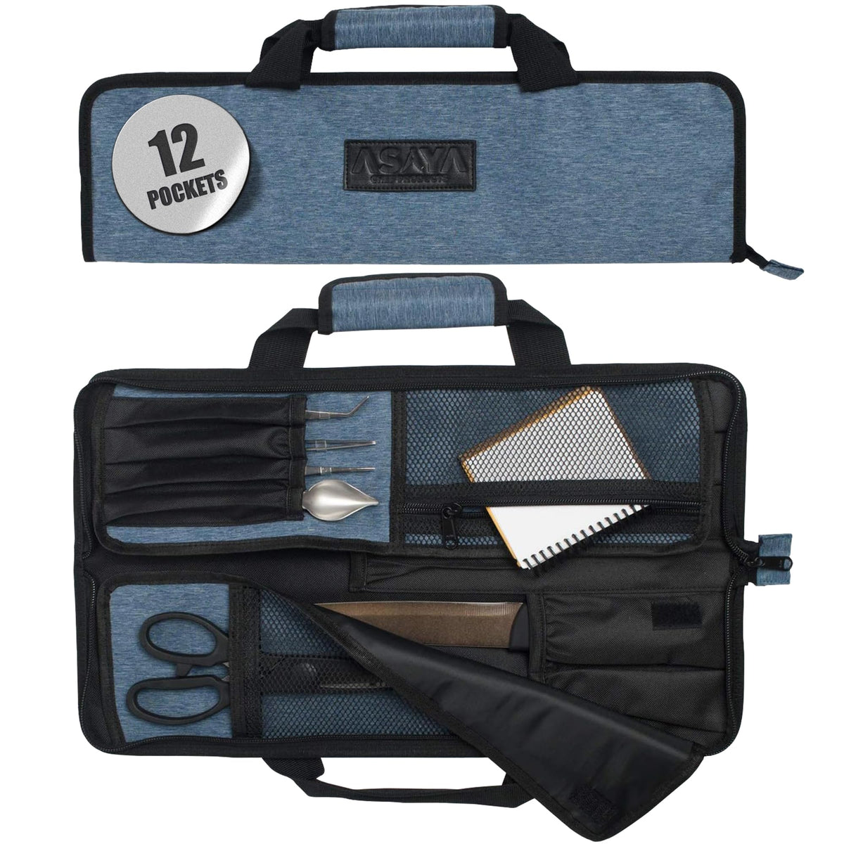 Asaya Chef Knife Roll Bag - 12-Pocket Chefs Case for Kitchen Knives and Utensils, Lightweight Stain-Resistant Waxed Nylon Chef Knife Bag - Knives Not Included (Grey)