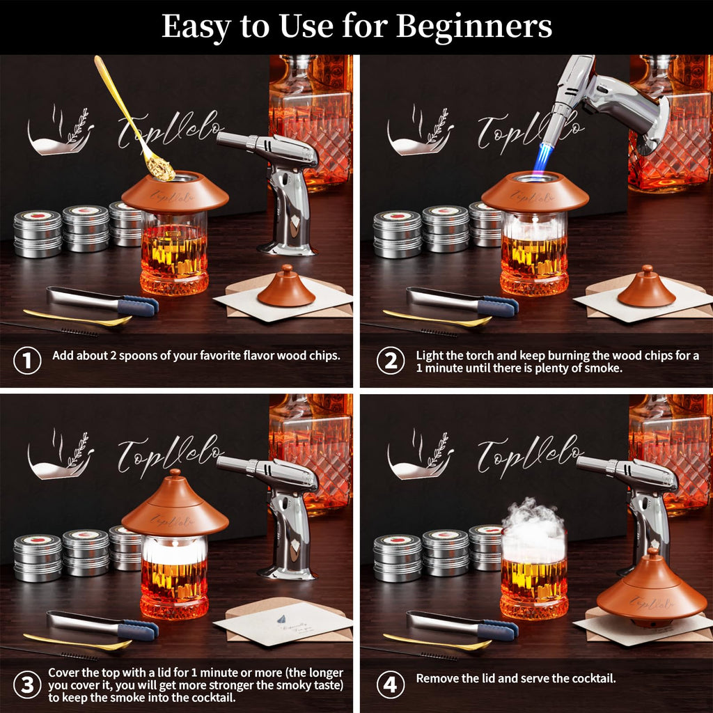 Cocktail Smoker Kit with Torch and Whiskey Glass, 6 Flavors Wood Chips and 3 Whisky Stones for Whiskey & Bourbon, Gift for Husband, Birthday Gift (No Butane), Brown