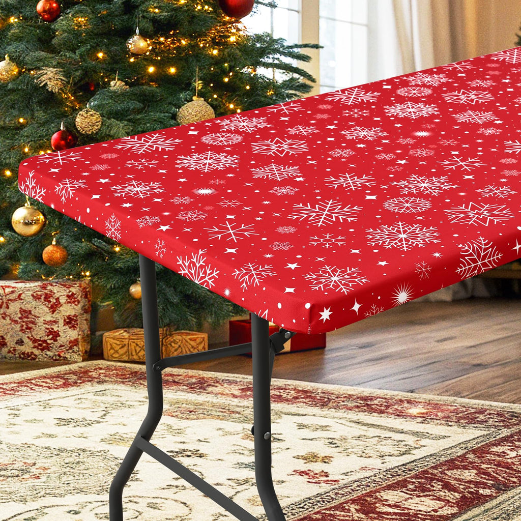 homing Rectangle Table Cloth Cover, Water-Resistant Polyester Elastic Fitted Tablecloth, Fits for 8 Foot Folding Tables, Washable Table Protector for Picnic, Camping, Outdoor (Snowflakes, 30" x 96")