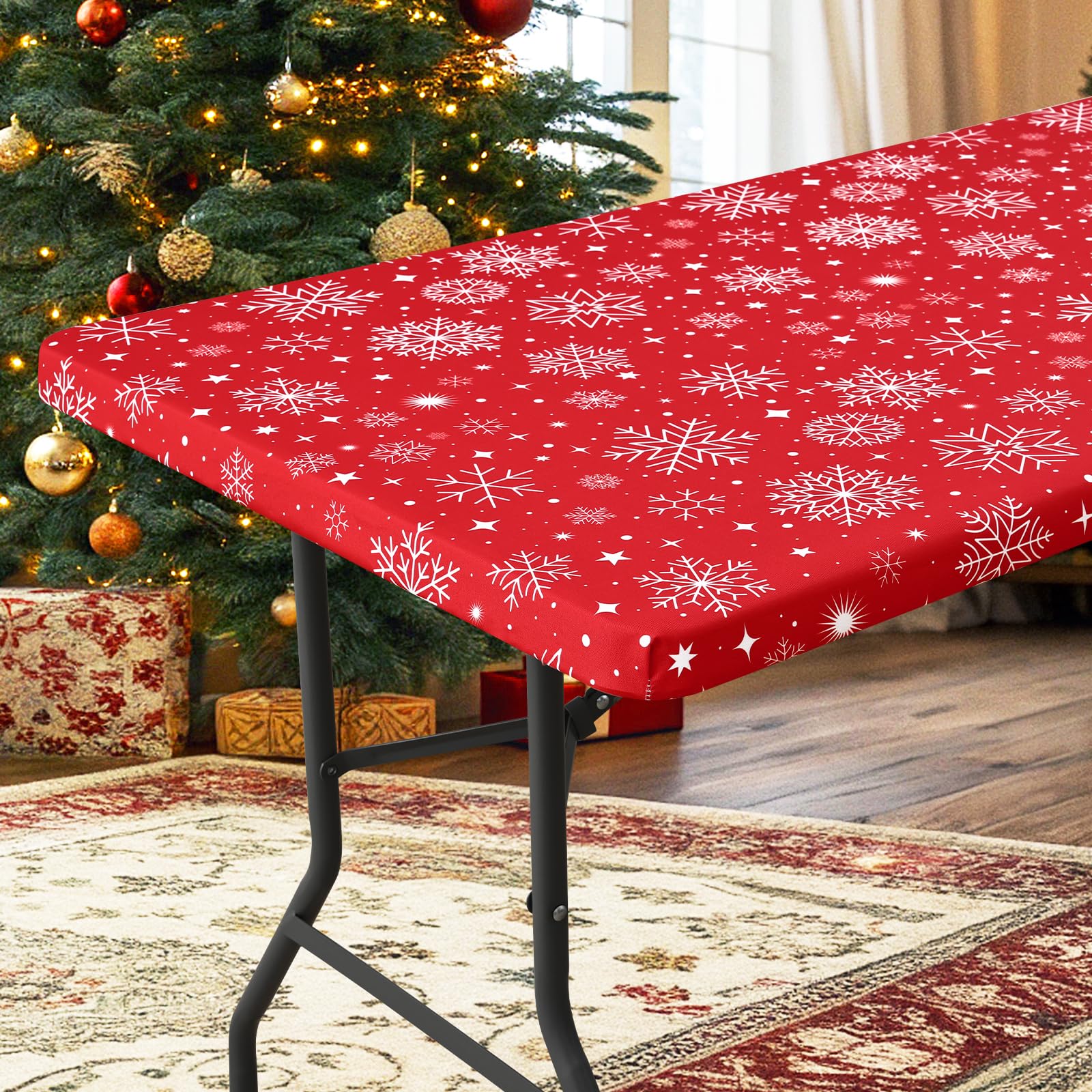 homing Rectangle Table Cloth Cover, Water-Resistant Polyester Elastic Fitted Tablecloth, Fits for 8 Foot Folding Tables, Washable Table Protector for Picnic, Camping, Outdoor (Snowflakes, 30" x 96")