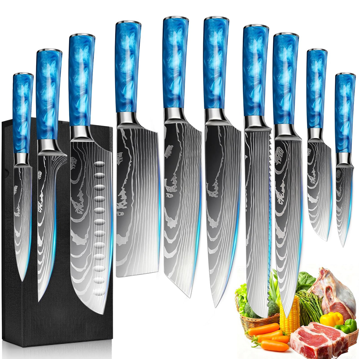 FIVE COWS 10-Piece Premium Japanese Kitchen Knife Set - Star Collection, Laser Damascus Pattern, 440A Stainless Steel Ultra Sharp for Fast Cutting (Red)