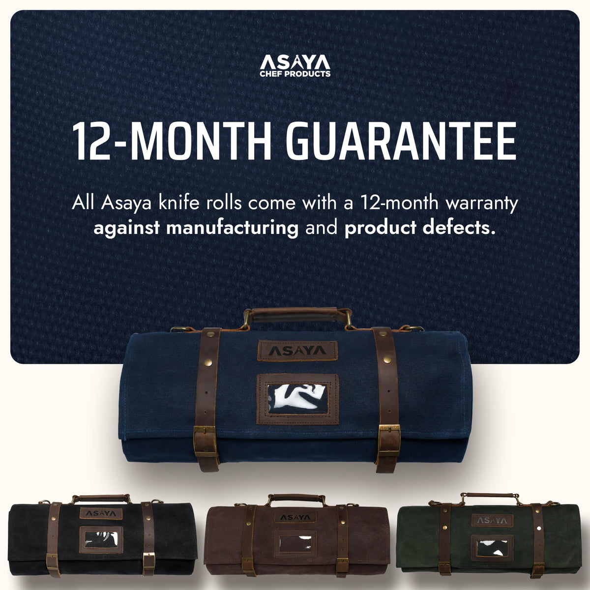 Asaya Waxed Canvas Knife Roll Bag - 15-Slot Chef Knife Bag with Leather Straps, Large Zippered Pocket and Card Holder - Carrying Case for Chefs and Culinary Students – Knives Not Included (Blue)