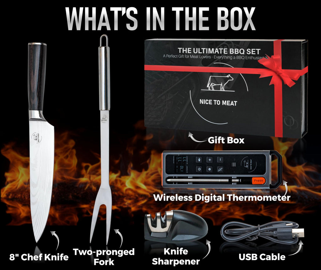 Wireless Meat Thermometer Digital BBQ Set, 5.3 Bluetooth and WiFi connectivity 800ft APP Control (iOS&Android) with Chef Knife, Fork, Meats Temperature Probe, Grilling, BBQ Gift for Men