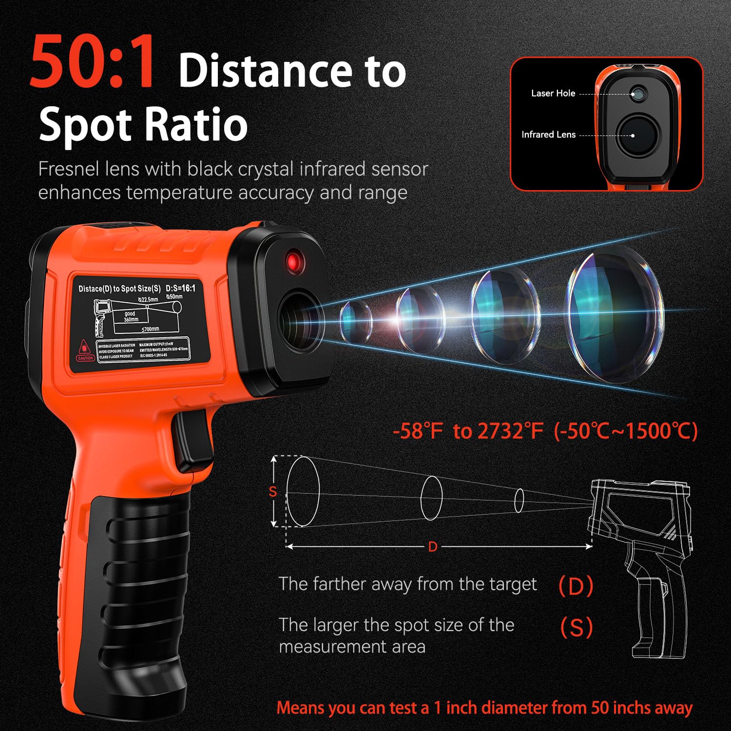 Surpeer Infrared Thermometer Temperature Gun 2732°F 50:1 Pyrometer