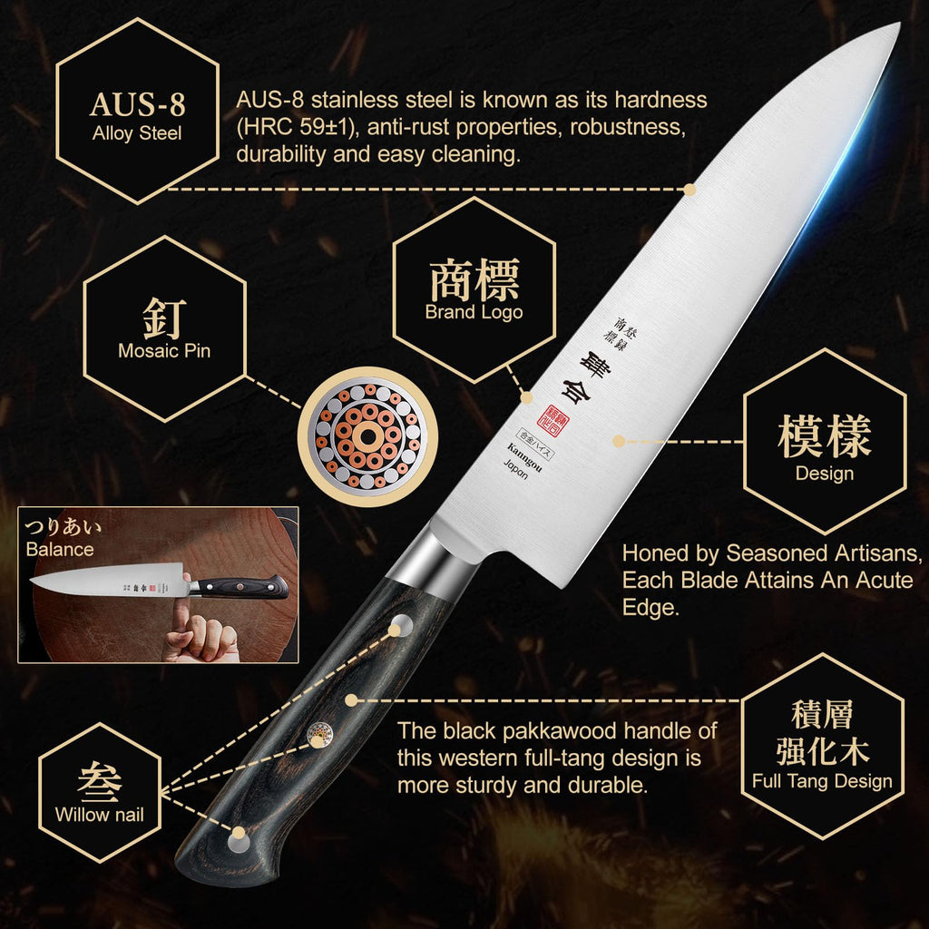 kanngou 8.27 Inch Japanese Chef Knife Kitchen Knife, Japan AUS-8 Alloy Steel Gyuto Knife with Full-Tang Pakkawood Handle, Chef's Knives with Premium Gift Box (Classic Series)