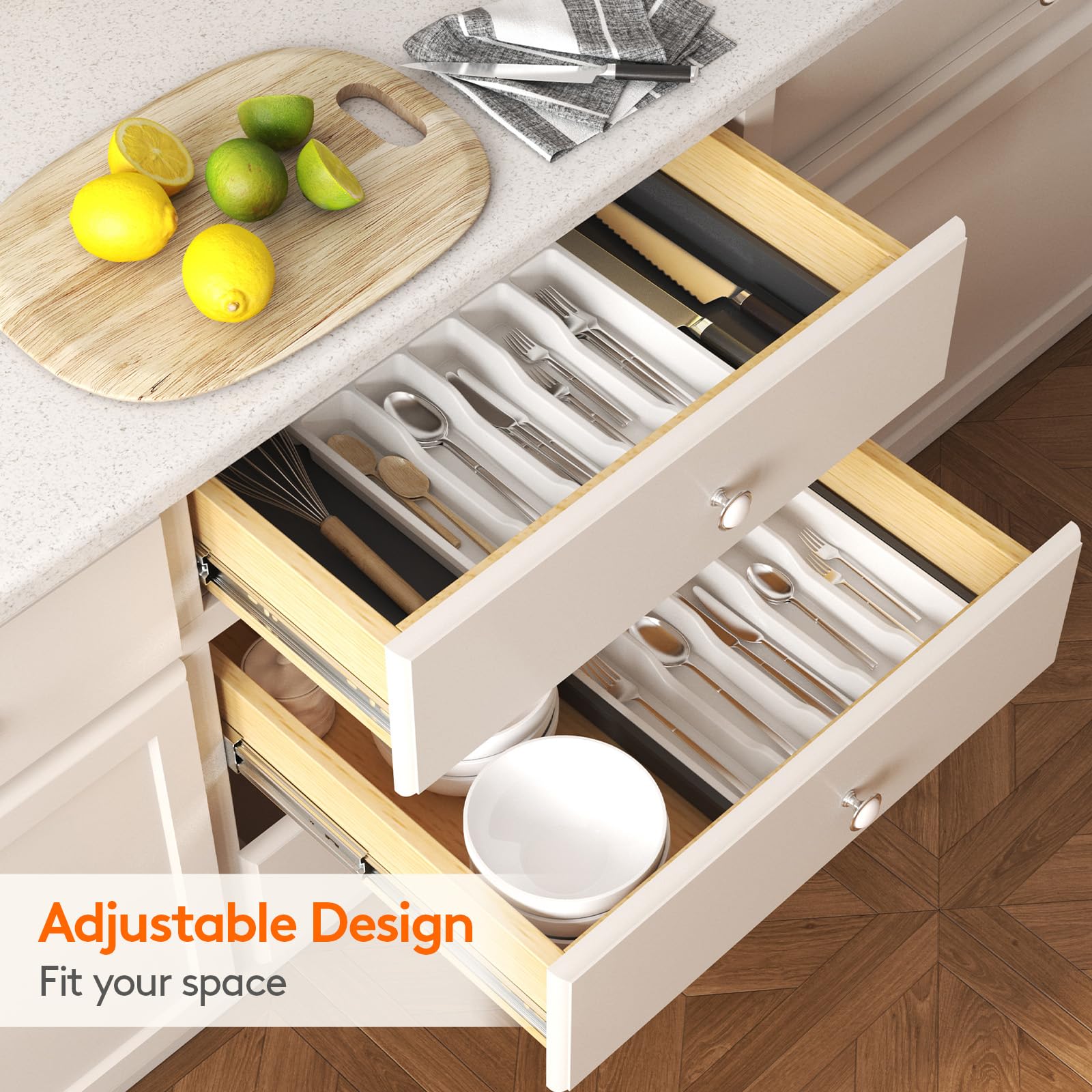 Lifewit Extra Large Silverware Drawer Organizer, Expandable Utensil Tray for Kitchen, BPA Free Flatware Cutlery Holder, Adjustable Plastic Storage for Spoons Forks Knives, 13-22 x 15, White&Black