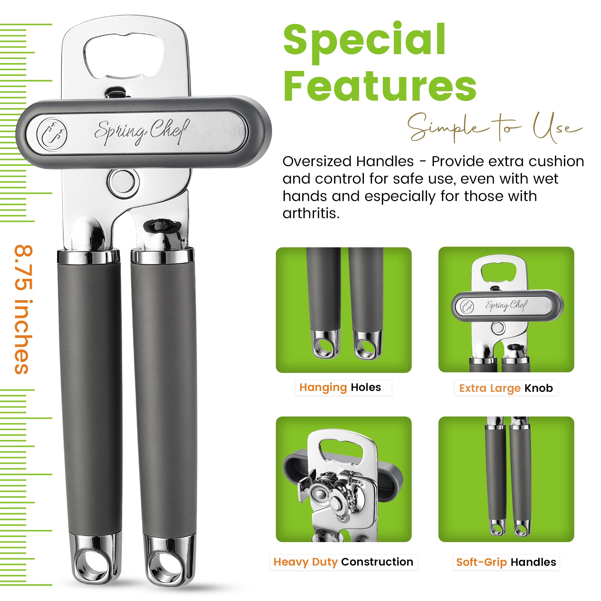 Spring Chef Stainless Steel Manual Can Opener with Magnetic Lid Remover, Easy Turn & Heavy Duty Can Openers for Seniors with Smooth Edge - Graphite