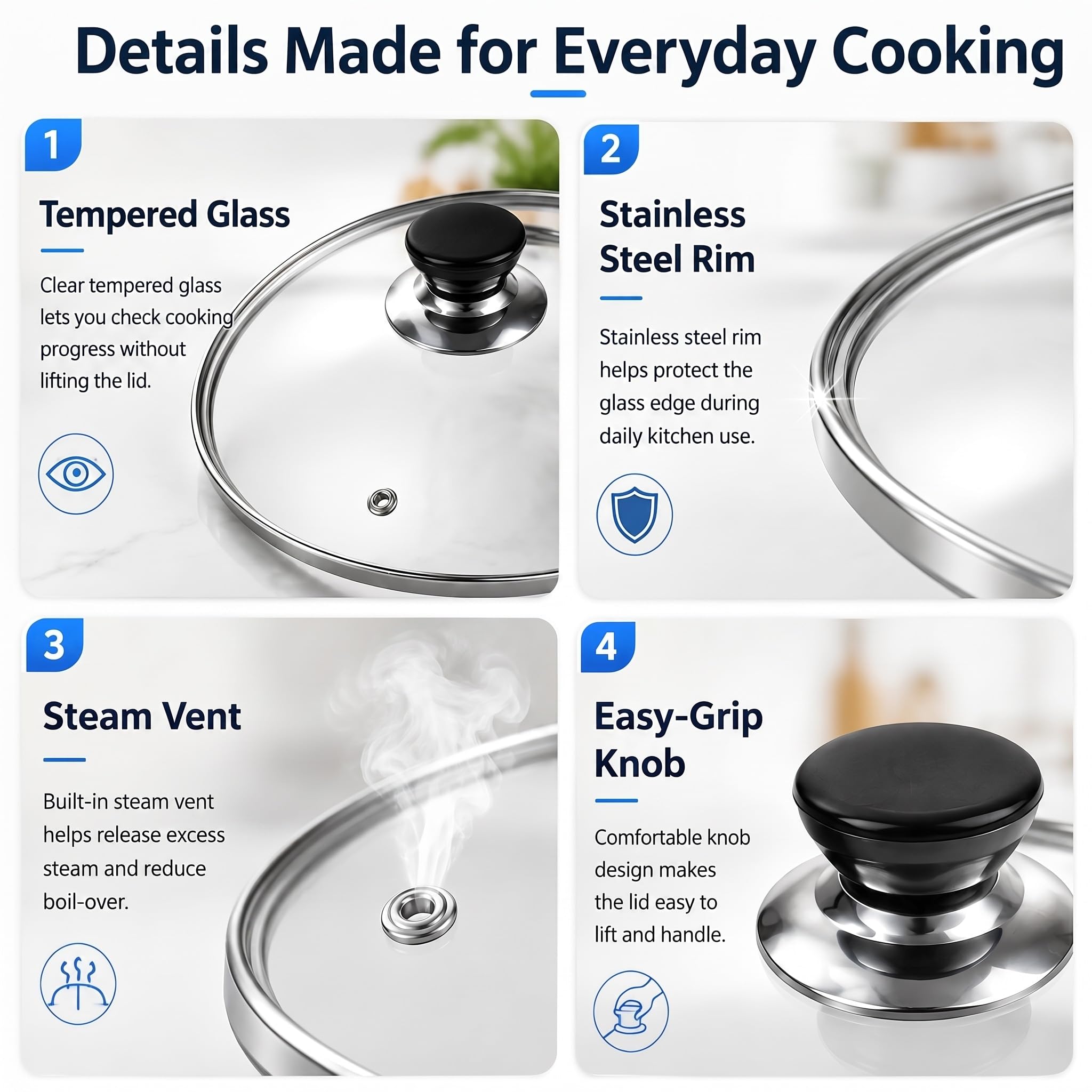 10.25 Inch Pan Lid, Universal Replacement Pot Lid for Frying Pans, Cast Iron Skillets, Round Tempered Glass Pan Cover with Steam Vent