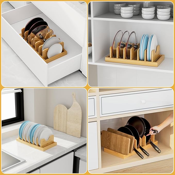 Bamboo Pot Lid Organizer Pot Lid Holder, Pot and Pan Organizer Drawer Organizer for Pot Lids, Pans, Cutting Boards & Baking Sheets, Dinner Plates, Reusable Containers in Cabinet Storage