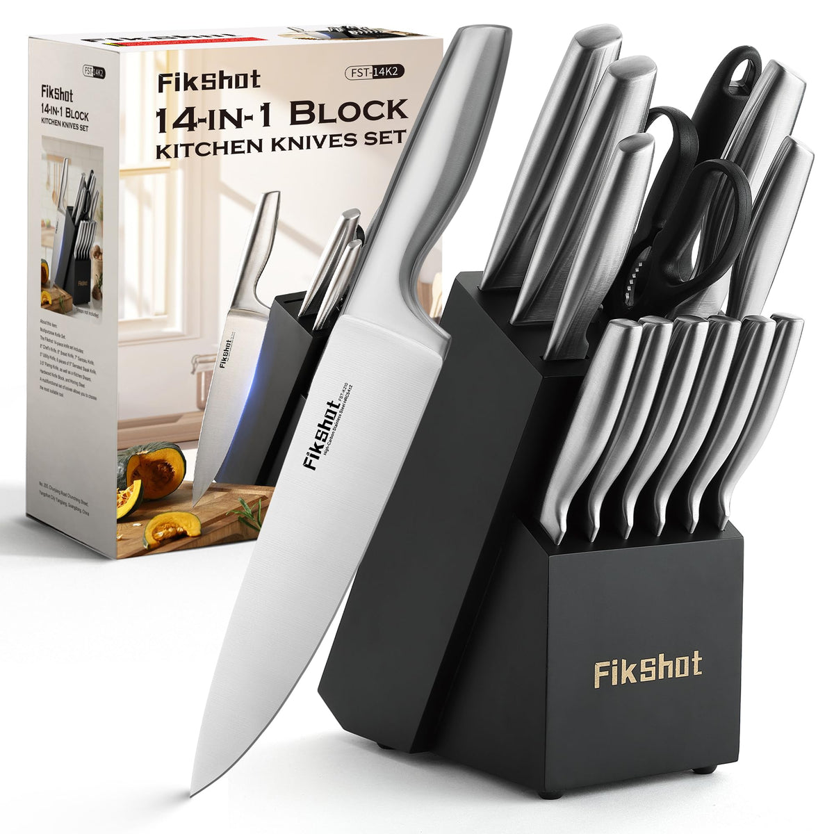 Fikshot Knife Set, German Stainless Steel, Black, 14-Piece kitchen knives