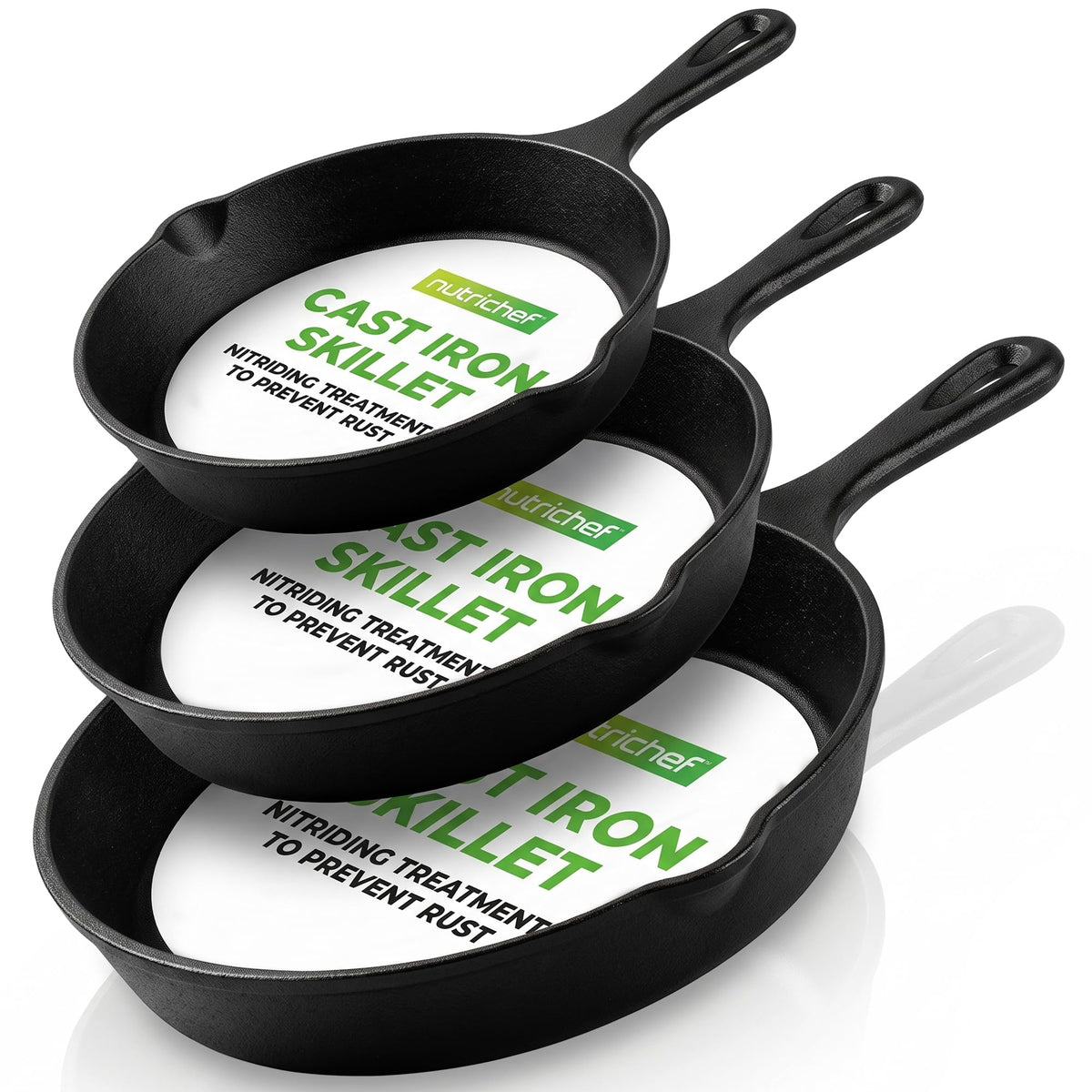 NutriChef 3 Pieces Pre-Seasoned Cast Iron Skillets