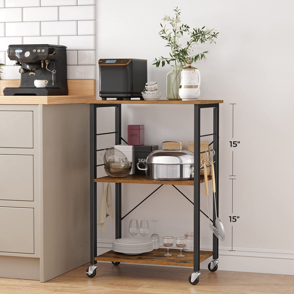 VASAGLE Kitchen Shelf on Wheels, 23.6 Inches Serving Cart with 3 Shelves, Kitchen Cart, Microwave Shelf, for Mini Oven, Toaster, with 6 Hooks, Industrial Style, Rustic Brown and Ink Black UKKS60XV1