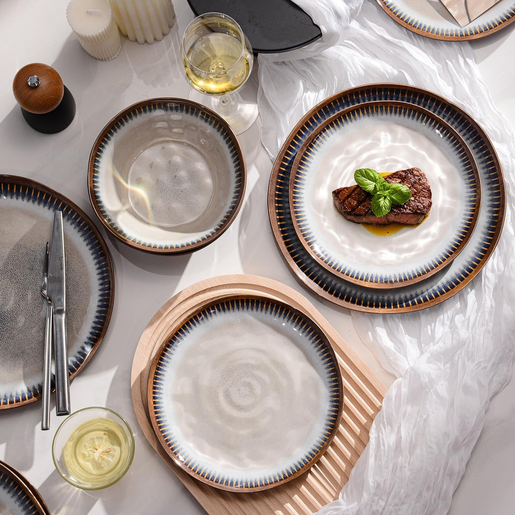 Gufaith Melamine Dinnerware Set, 12 Pcs Dishware Sets, Plate and Bowl Set Service for 4, Lightweight and Unbreakable Dinnerware Sets for Camping, Great for RV, Dishwasher Safe, Sahara Beige and Blue