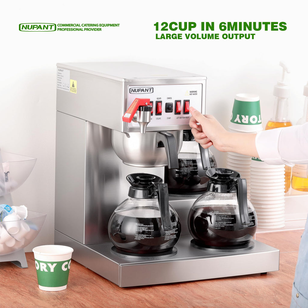 NUPANT 12 Cup Commercial Coffee Maker Auto Filling Drip Coffee Machine with 3 Carafes 3 Warmers, Filters, Stainless Steel Pour Over Coffee Brewer with Hot Water Dispenser for Restaurant Office Cafe
