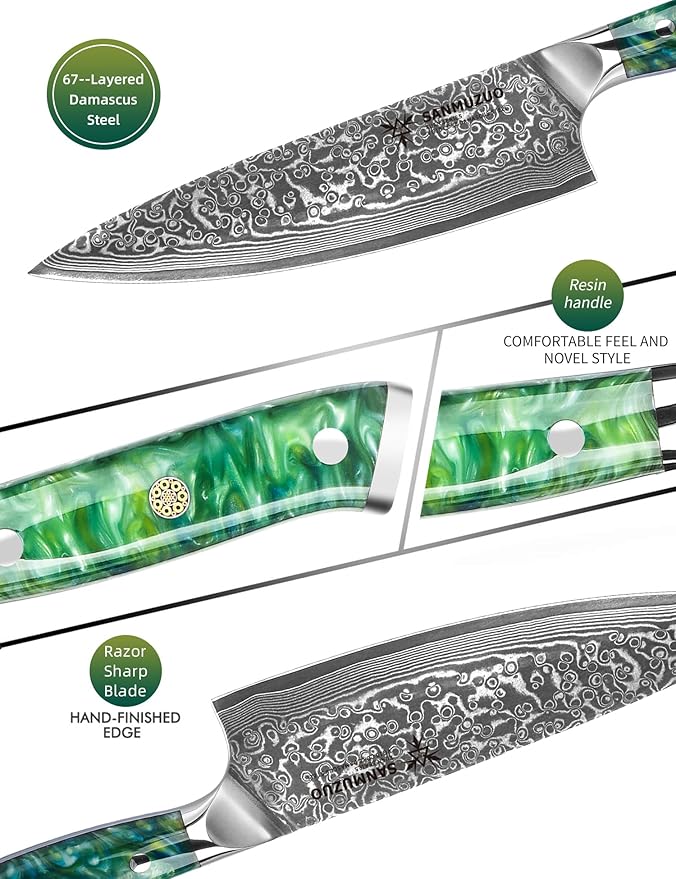 SANMUZUO Chef Knife - 8 inch - Xuan Series - VG10 Damascus Steel Kitchen Knife - Resin Handle (Jade Green)