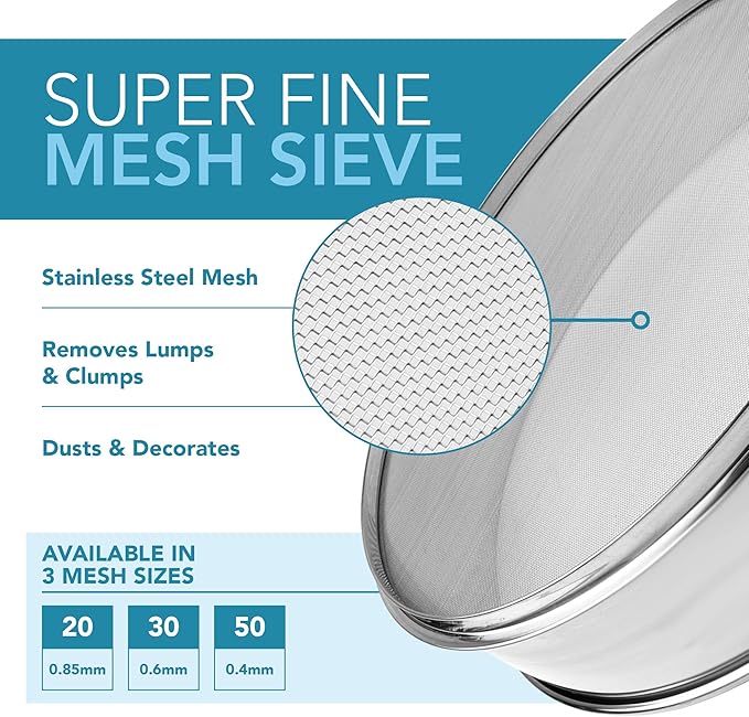 Stainless Steel Flour Sifter Fine Mesh Round Flour Sieve for Baking 9.5" Diameter x 2.5" High; 50 Mesh (Hole Size 0.3mm)