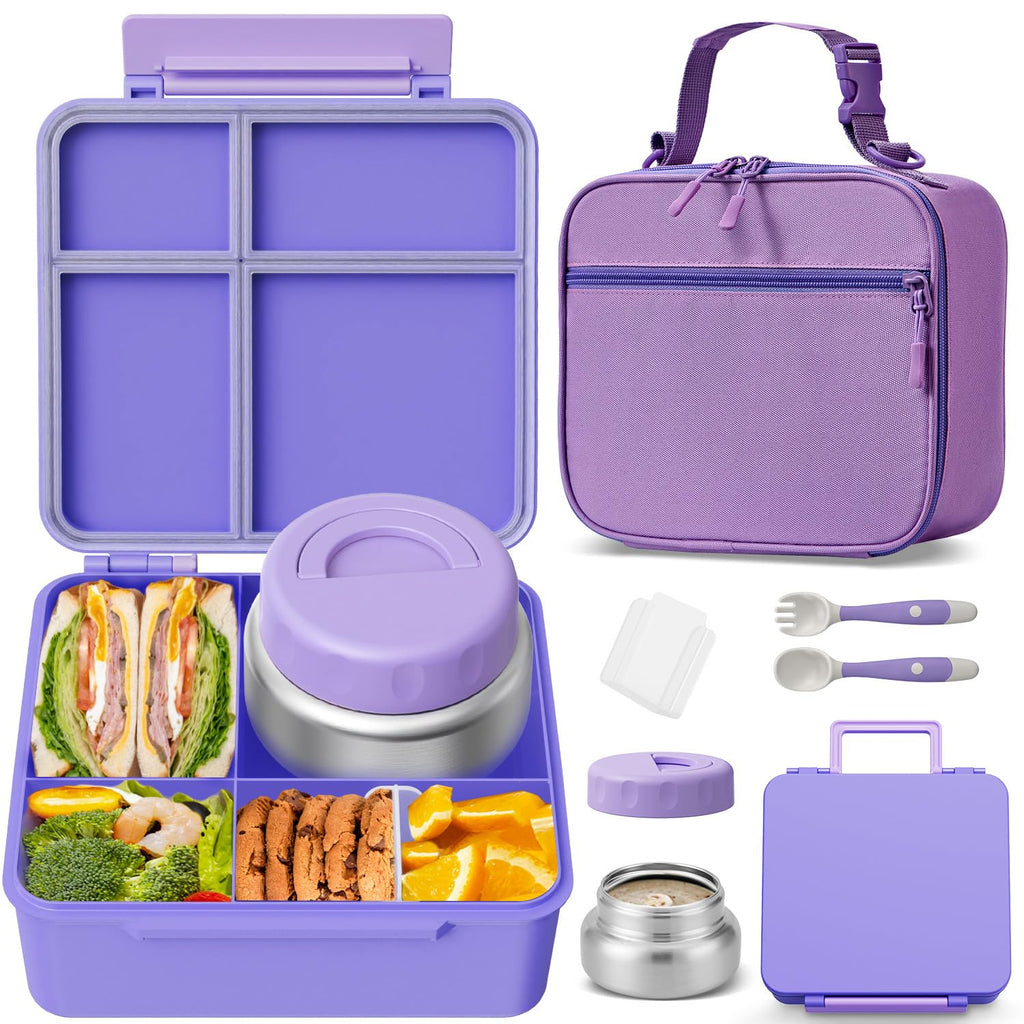 Kids Bento Lunch Box with Thermos, Leakproof Toddler Bento Box with 9 OZ Insulated Food Jar, Lunch Bag & Utensils 3 or 4 Compartment Container for School Girls Boys