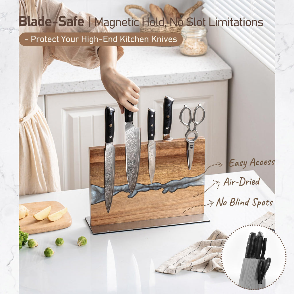 Magnetic Knife Block for Countertop, Strong Magnetic Knife Holder Stand, Acacia Wood & Epoxy Resin Organizer for Kitchen Knives, Gift for Cooks