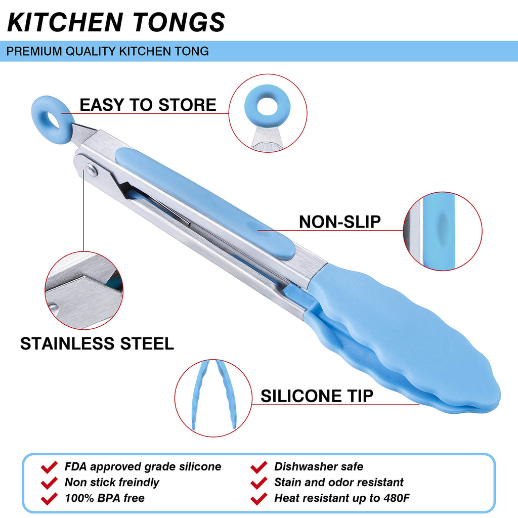 MSY BIGSUNNY Kitchen Food Tongs - 7" Mini Silicone Serving Tongs - Set of 3 (Blue)