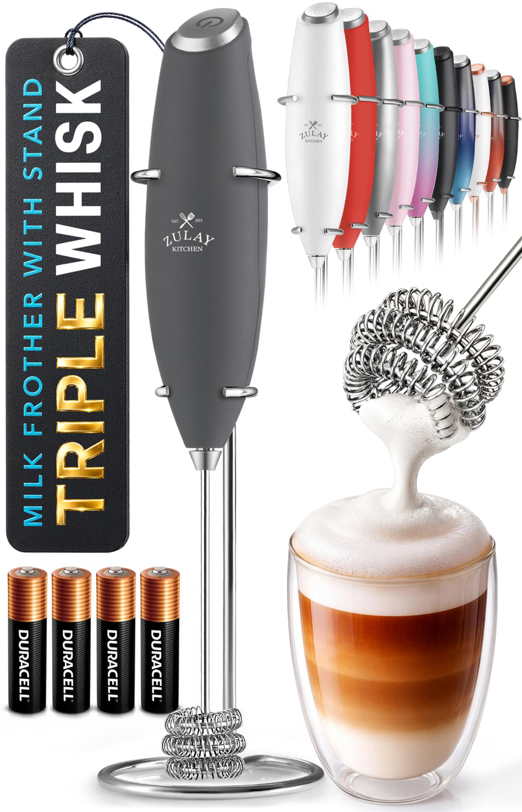 Zulay Kitchen Powerful Milk Frother Wand With Duracell Batteries - Ultra Fast Handheld Drink Mixer - Electric Whisk Foam Maker for Coffee, Lattes, Cappuccino & Matcha - Z1 Motor - Aqua