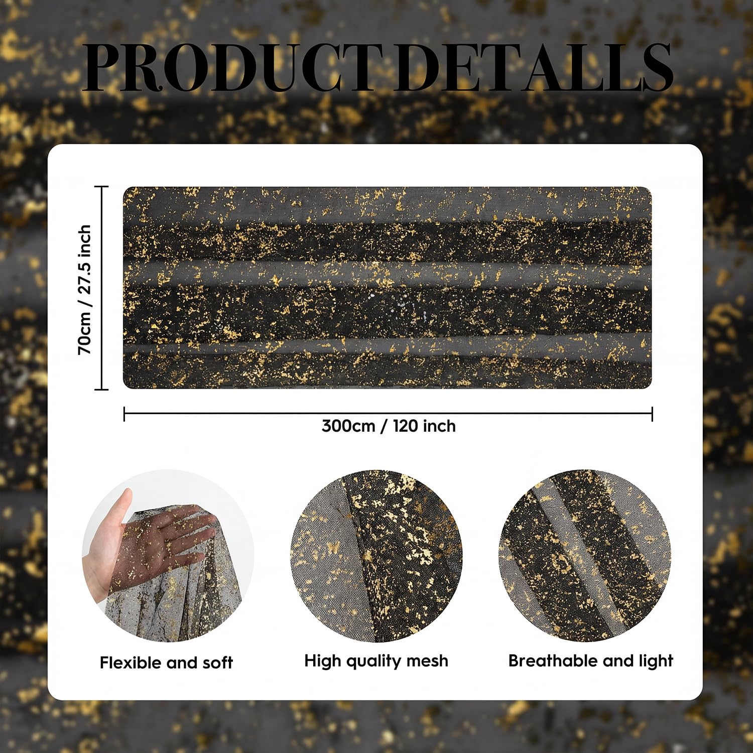 Artoid Mode Black Gold Gauze Table Runner 120 Inch 10FT, Glitter Metallic Foil Sheer Dining Wedding Anniversary Holiday Birthday Table Decor for Home Party