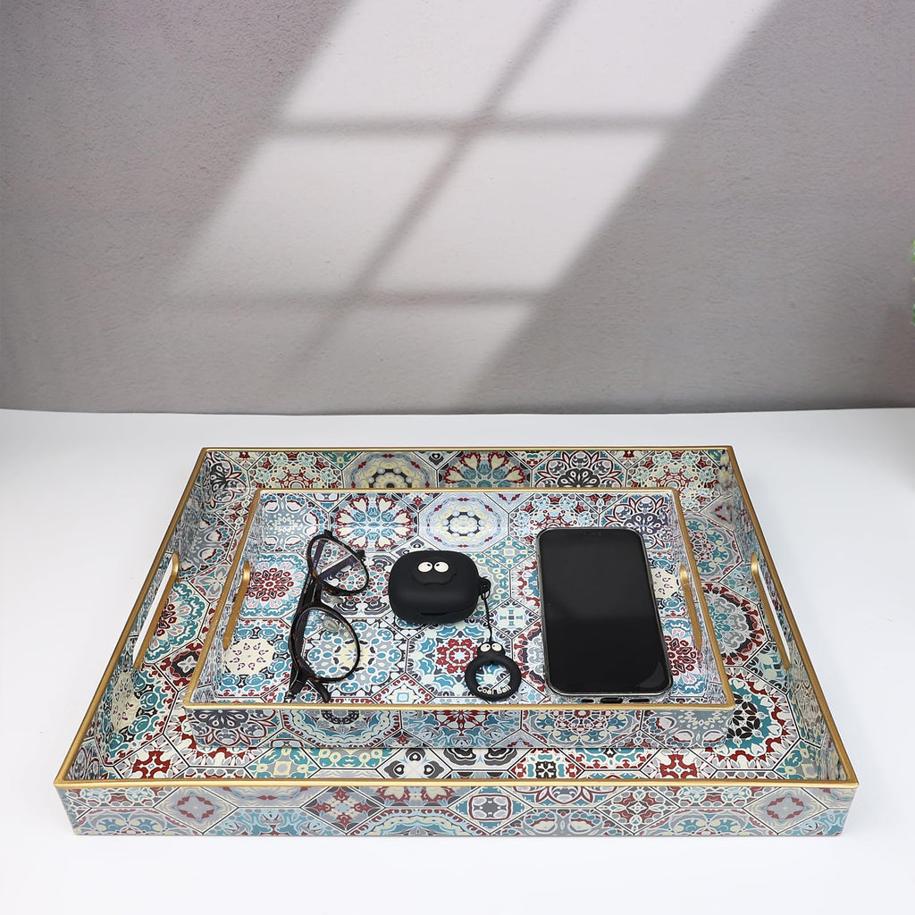 Spsyrine Decorative Serving Tray with Handles, Lacquered Coffee Table Tray for Ottoman, Rectangular Waterproof Platters for Centerpieces, Parties, Living Room, Kitchen Counter Organization SP3040RE2