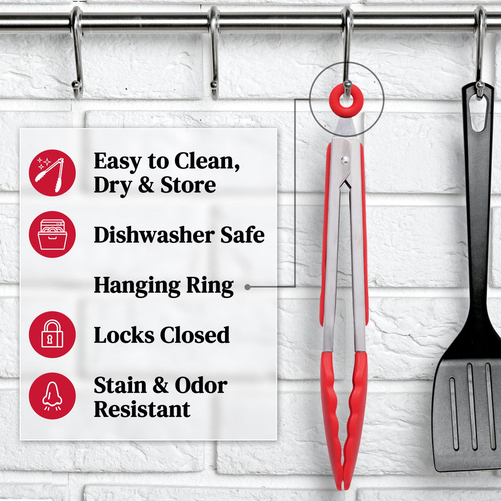 Popco 3-Piece Kitchen Tongs Set – Stainless Steel Heat Resistant Silicone Tips, Strong Comfort Grip, 3 Sizes (7, 9, 12 Inch), Non-Scratch, Dishwasher Safe, For Cooking, BBQ, Salad