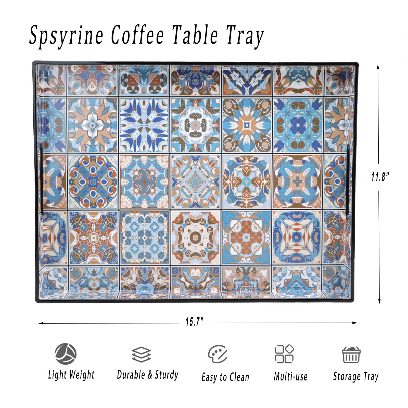 Spsyrine Serving Tray with Handles, Plastic Decorative Tray for Coffee Table, Living Room, Home Decor,Boho