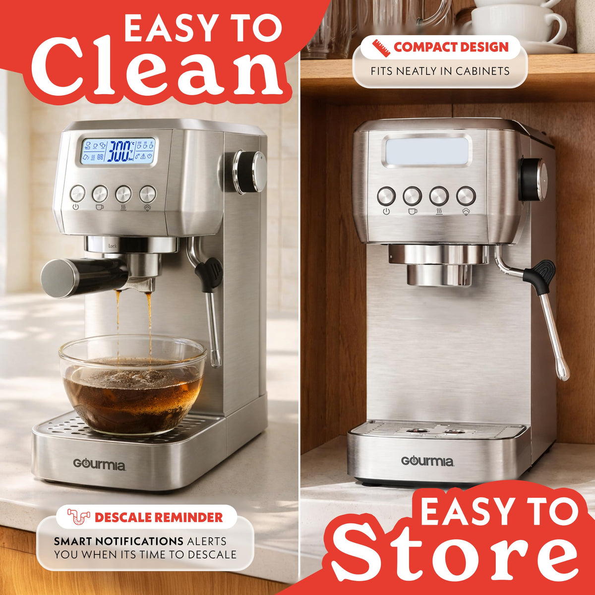Gourmia Slim Espresso Machine with LCD Screen - Milk Frother, Adjustable Temperature, Manual & Auto Brew, Single/Double Shot, Hot Water Dispenser, Descaling Mode, Compact