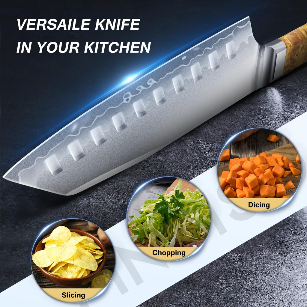 FINTISO 7" Santoku Knife, S35VN Powder Steel Core Japanese Chef Knife