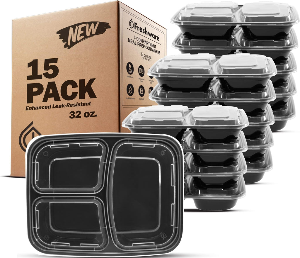 Freshware Meal Prep Containers [50 Pack] 3 Compartment Food Storage Containers with Lids, Bento Box, BPA Free, Stackable, Microwave/Dishwasher/Freezer Safe (24 oz)