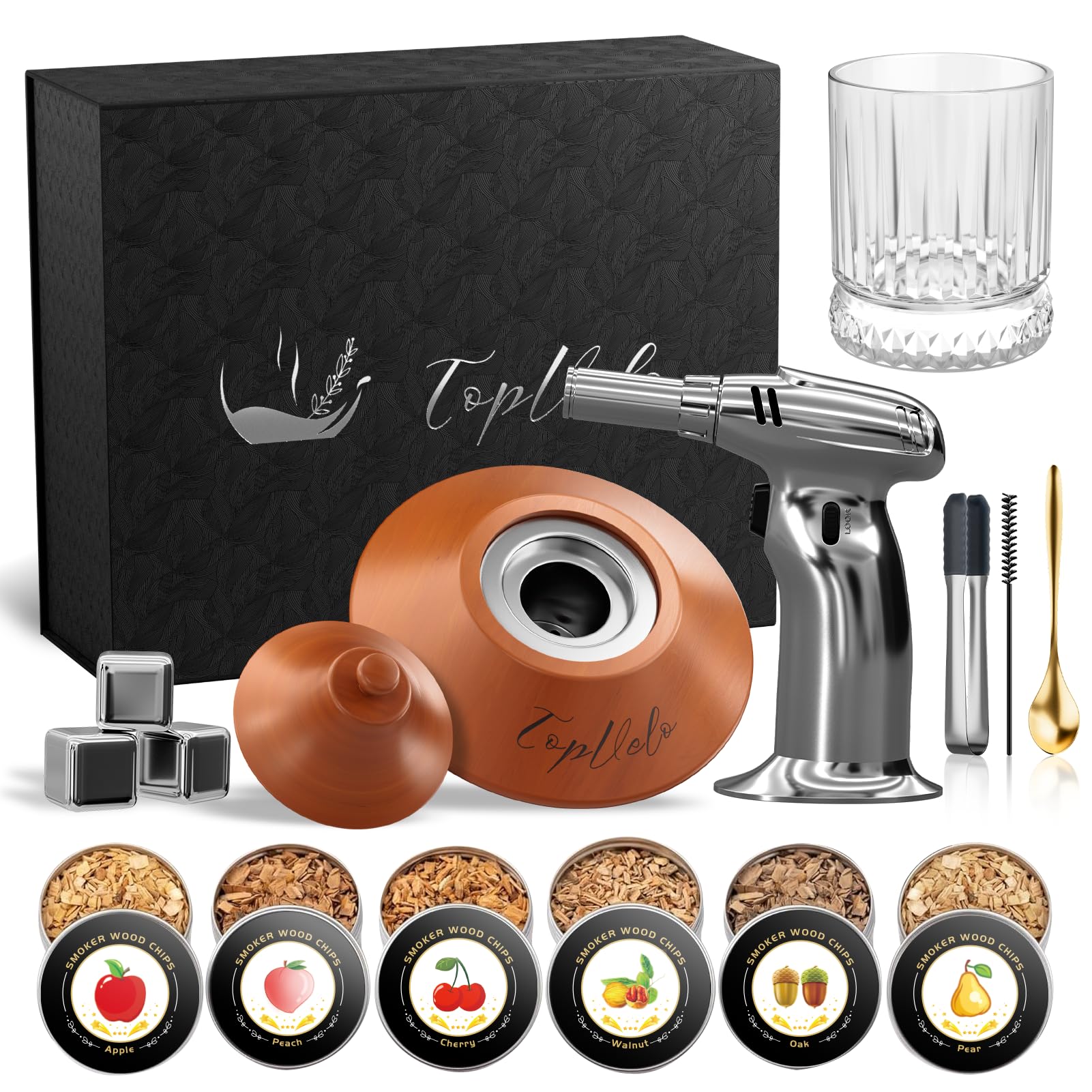 Cocktail Smoker Kit with Torch and Whiskey Glass, 6 Flavors Wood Chips and 3 Whisky Stones for Whiskey & Bourbon, Gift for Husband, Birthday Gift (No Butane), Brown