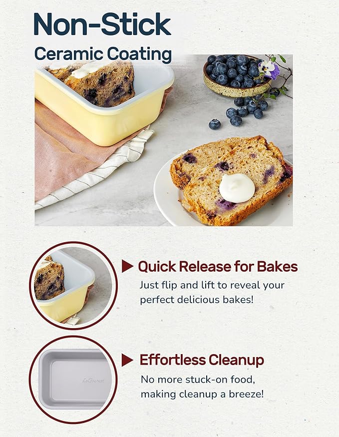 LeGourmet Nonstick Bread Loaf Pan 9 X 5 Inch, Ceramic Coating, Non-Toxic, Rust Resistant Aluminized Steel, Perfect 1 lb Baking Dish for Meatloaf, Pound Cake & Brownie (Cyan 2pcs)