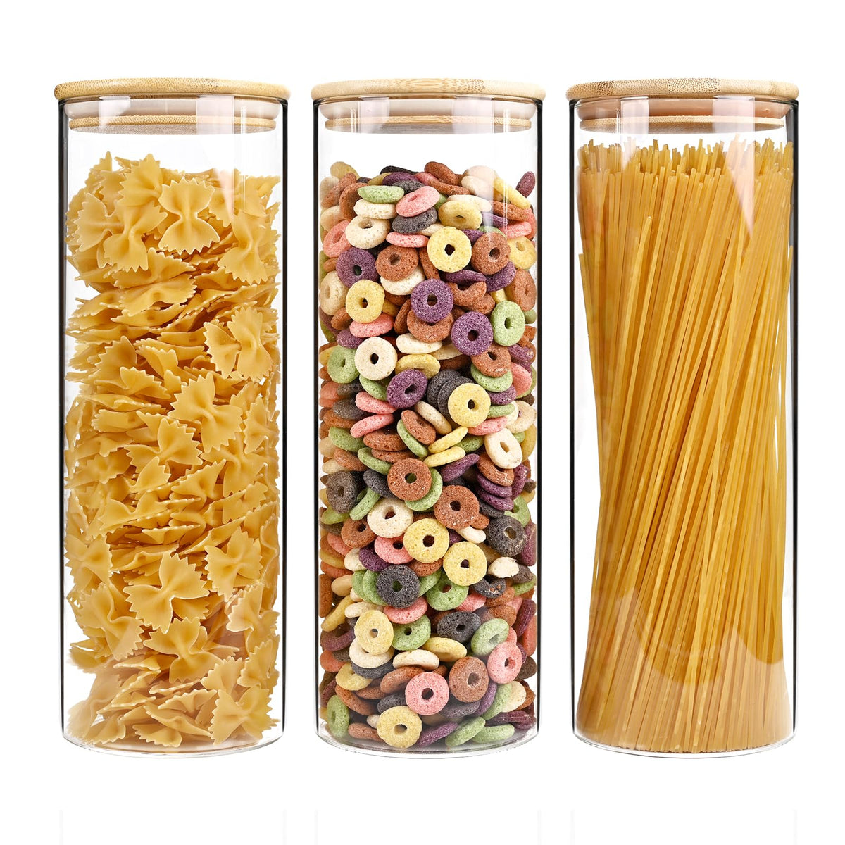 SHOWIN Glass Food Storage Jars, Glass Jars with Bamboo Lids, Kitchen Storage Jars, Canisters with Airtight Lids for Spice, Coffee, Cookie, Set of 5, Pantry Organizers